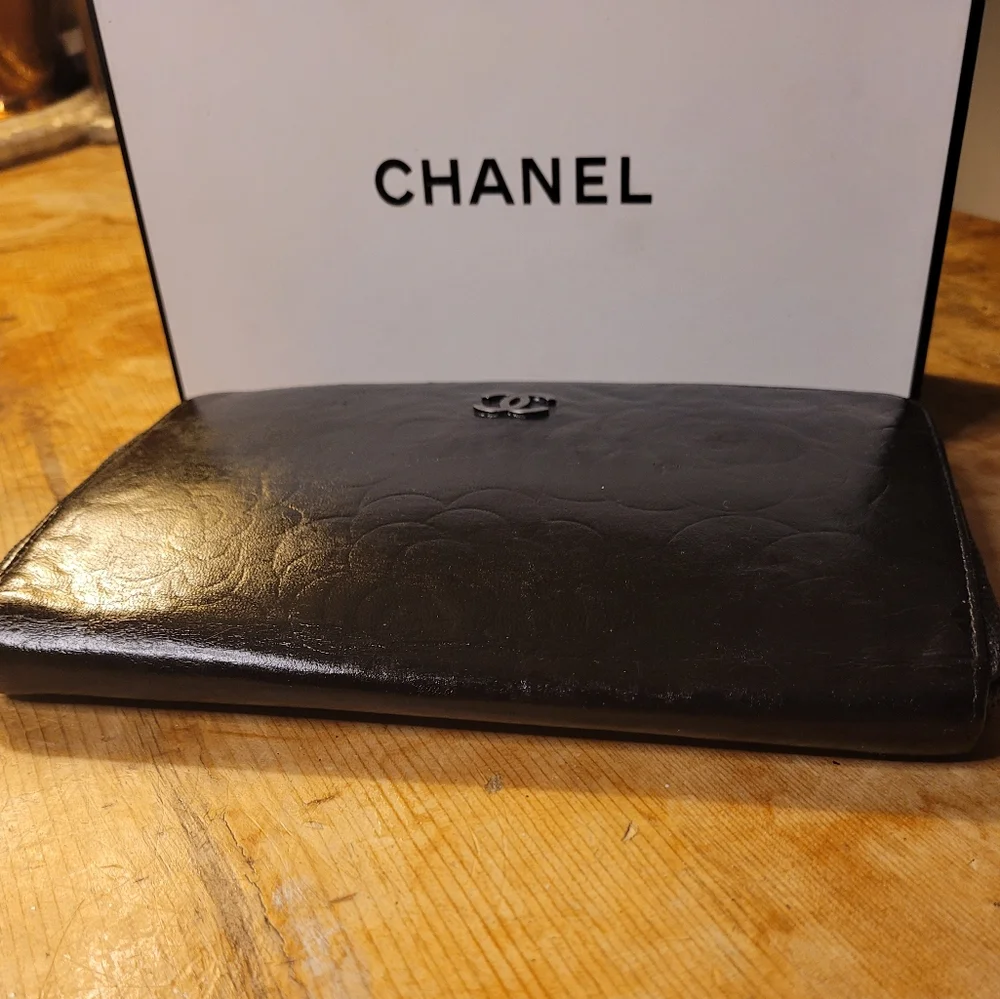 Chanel Lambskin Camelia Embossed Large Black Wallet/ Clutch